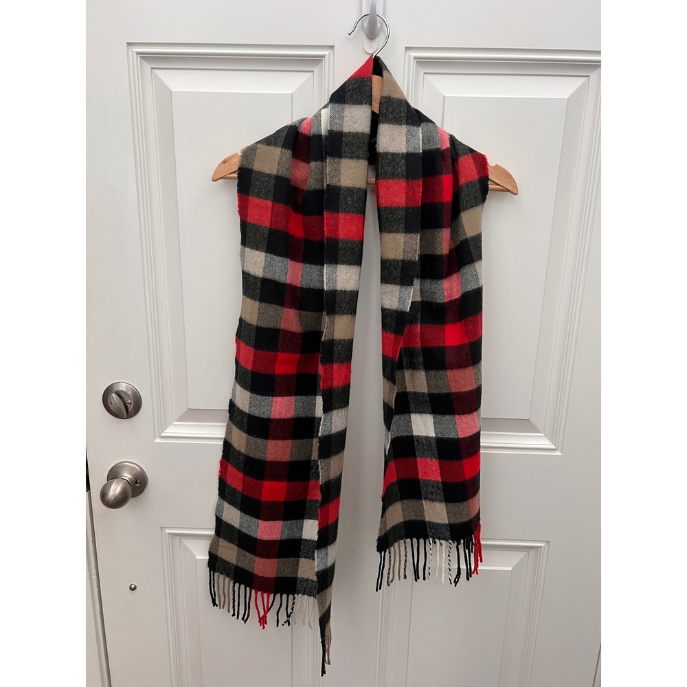 D&Y Softer Than Cashmere Plaid Scarf Red Black Tan Check Fringe Acrylic Scarf